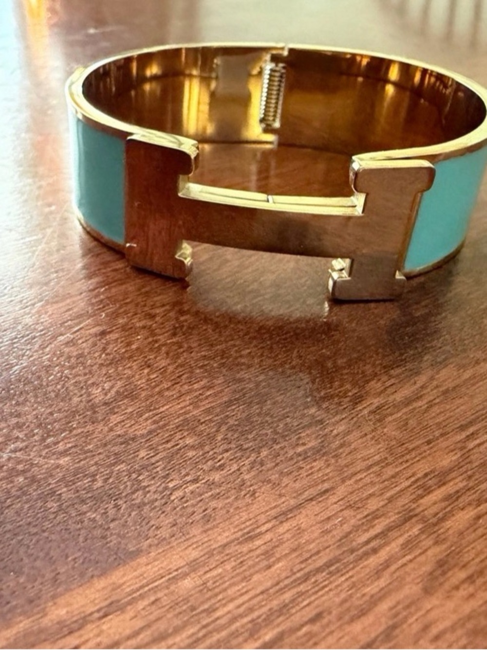 Gold Tone H Cuff Bracelet with Aqua Enamel Inlay Fashion Bangle